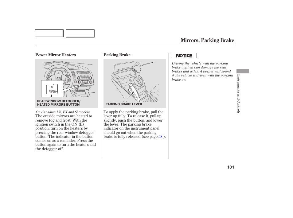 Mirrors, parking brake | HONDA 2006 Civic Coupe - Owner's Manual User Manual | Page 105 / 307