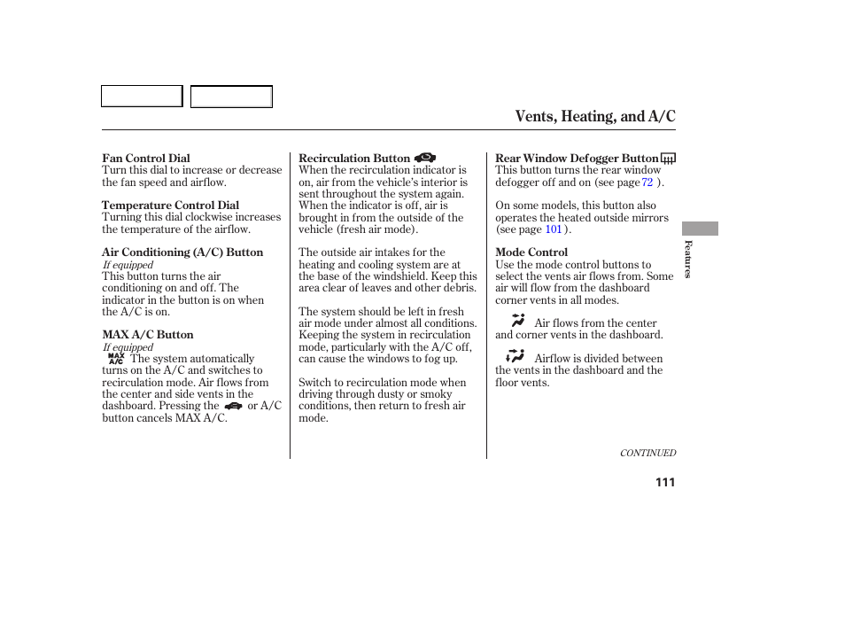 Vents, heating, and a/c | HONDA 2006 Civic Coupe - Owner's Manual User Manual | Page 115 / 307