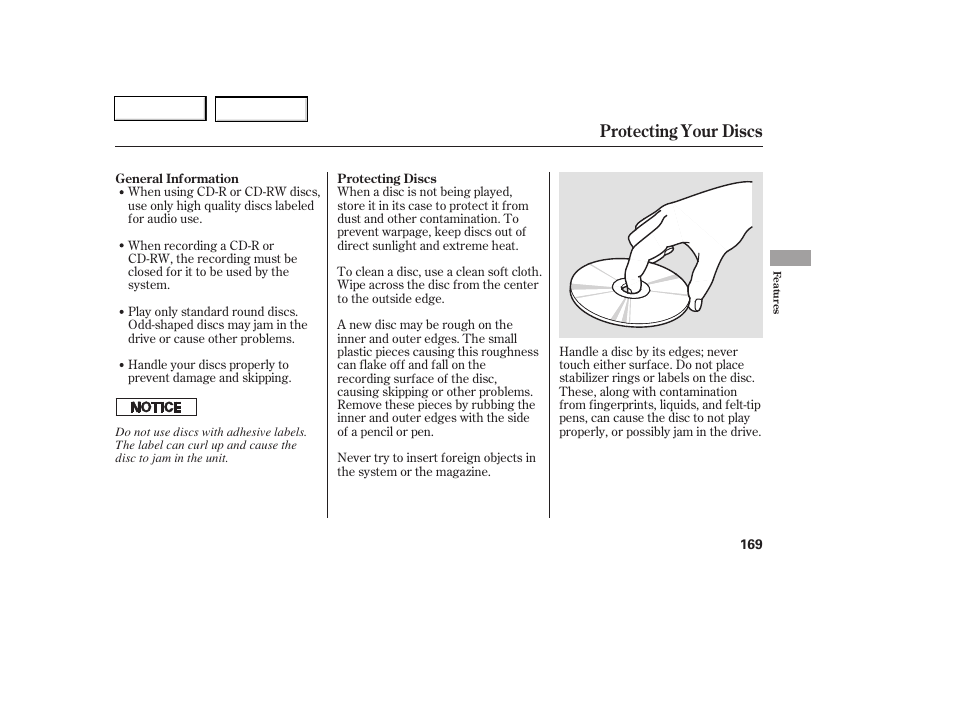 Protecting your discs | HONDA 2006 Civic Coupe - Owner's Manual User Manual | Page 173 / 307