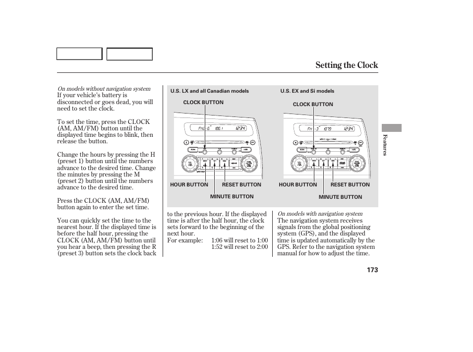 Setting the clock | HONDA 2006 Civic Coupe - Owner's Manual User Manual | Page 177 / 307