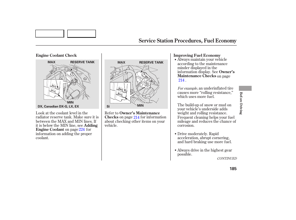 Service station procedures, fuel economy | HONDA 2006 Civic Coupe - Owner's Manual User Manual | Page 189 / 307