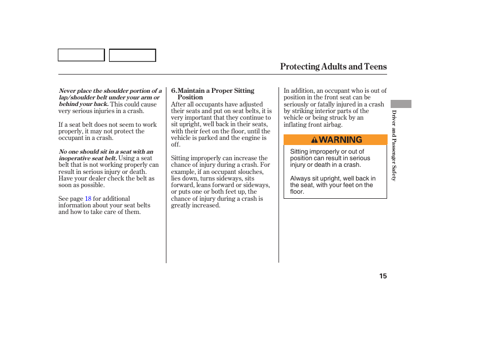 Protecting adults and teens | HONDA 2006 Civic Coupe - Owner's Manual User Manual | Page 19 / 307