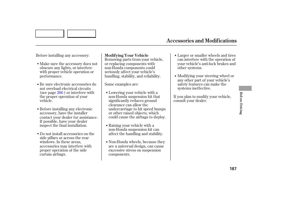 Accessories and modifications | HONDA 2006 Civic Coupe - Owner's Manual User Manual | Page 191 / 307