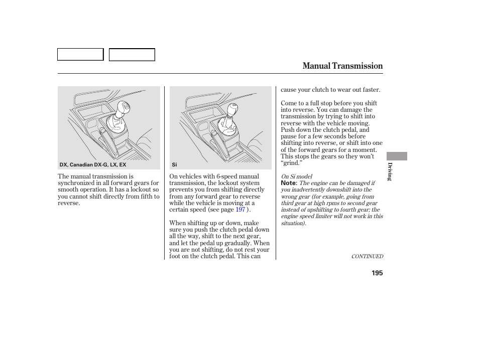 Manual transmission | HONDA 2006 Civic Coupe - Owner's Manual User Manual | Page 199 / 307