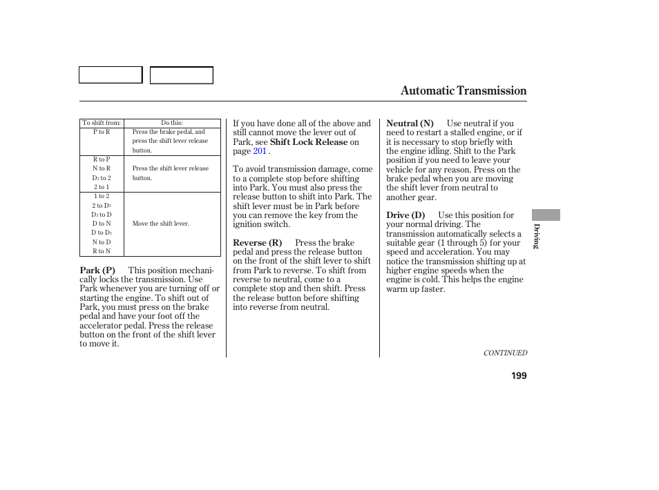 Automatic transmission | HONDA 2006 Civic Coupe - Owner's Manual User Manual | Page 203 / 307