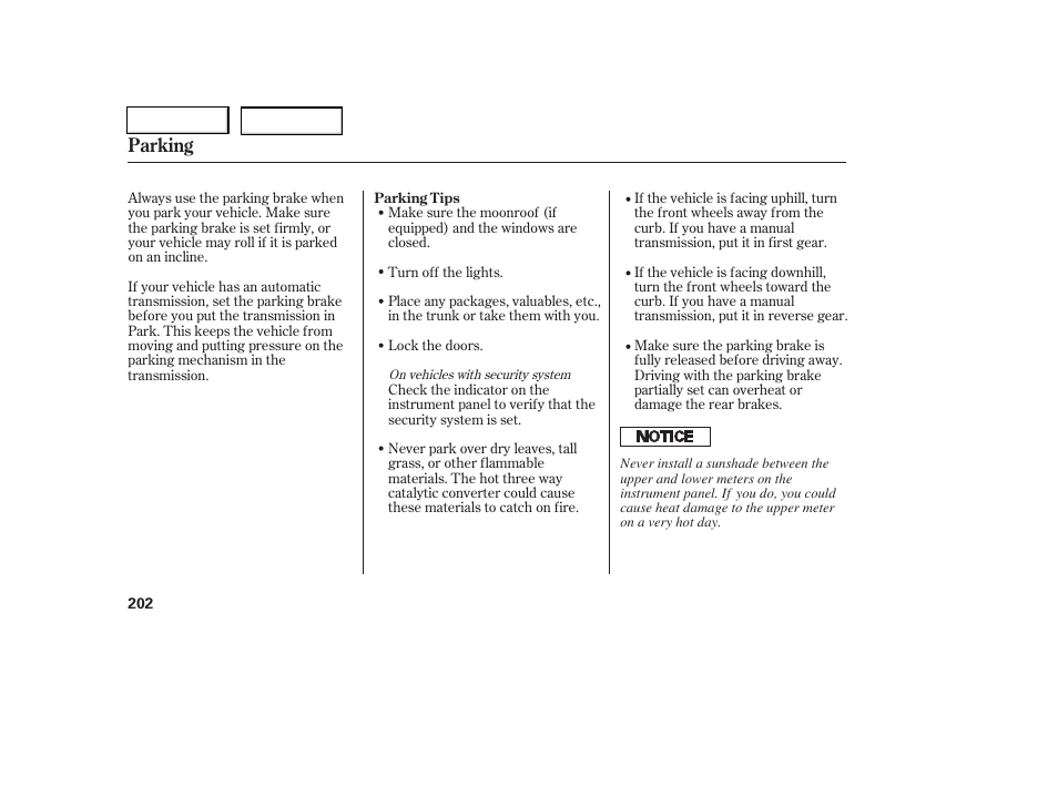 Parking | HONDA 2006 Civic Coupe - Owner's Manual User Manual | Page 206 / 307