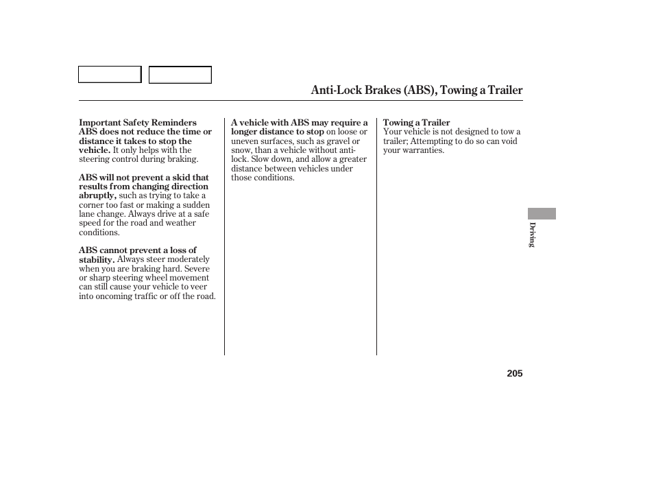 Anti-lock brakes (abs), towing a trailer | HONDA 2006 Civic Coupe - Owner's Manual User Manual | Page 209 / 307