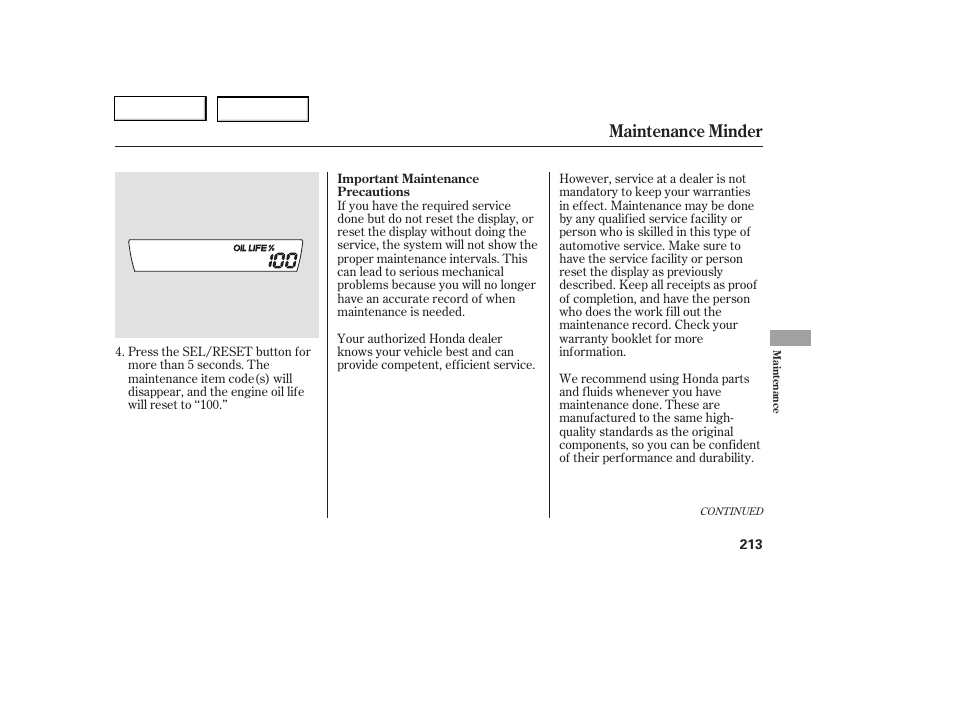 Maintenance minder | HONDA 2006 Civic Coupe - Owner's Manual User Manual | Page 217 / 307