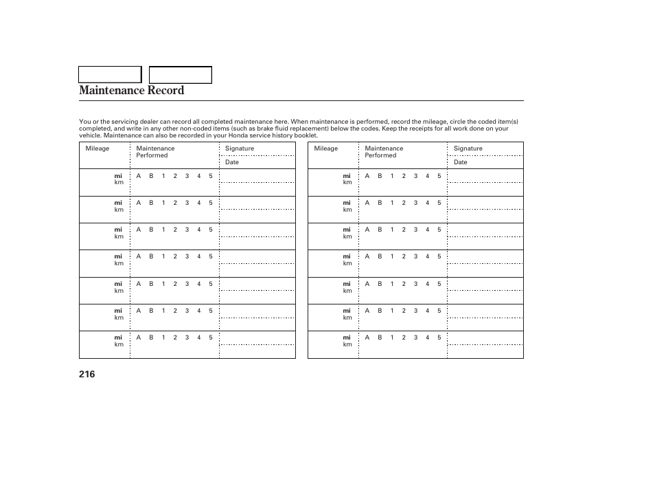 Maintenance record | HONDA 2006 Civic Coupe - Owner's Manual User Manual | Page 220 / 307