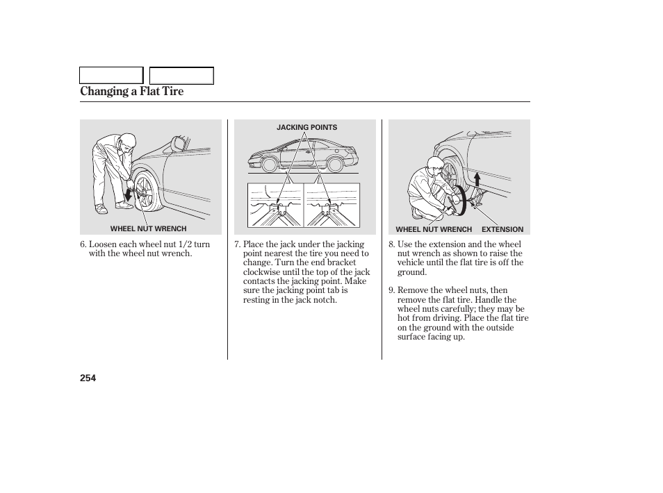 Changing a flat tire | HONDA 2006 Civic Coupe - Owner's Manual User Manual | Page 258 / 307