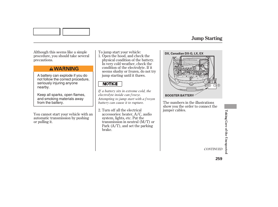 Jump starting | HONDA 2006 Civic Coupe - Owner's Manual User Manual | Page 263 / 307