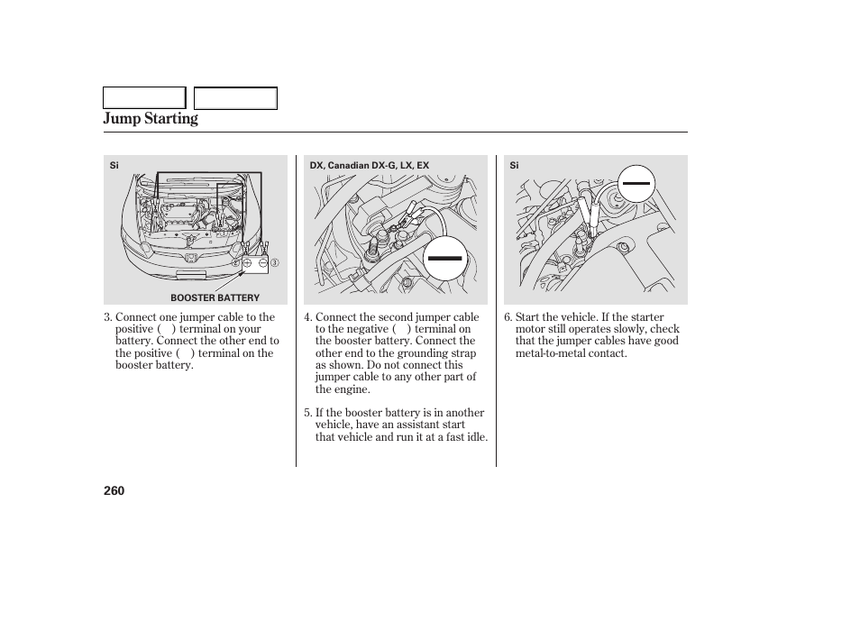 Jump starting | HONDA 2006 Civic Coupe - Owner's Manual User Manual | Page 264 / 307