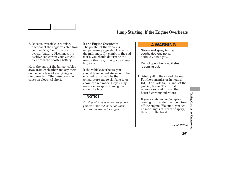 Jump starting, if the engine overheats | HONDA 2006 Civic Coupe - Owner's Manual User Manual | Page 265 / 307