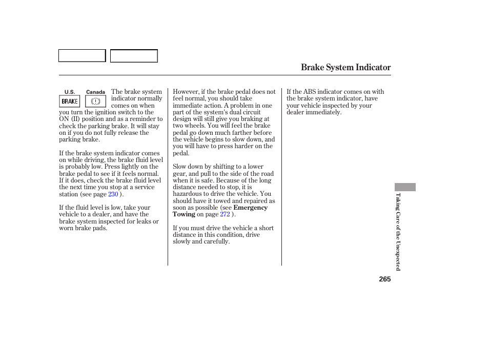 Brake system indicator | HONDA 2006 Civic Coupe - Owner's Manual User Manual | Page 269 / 307