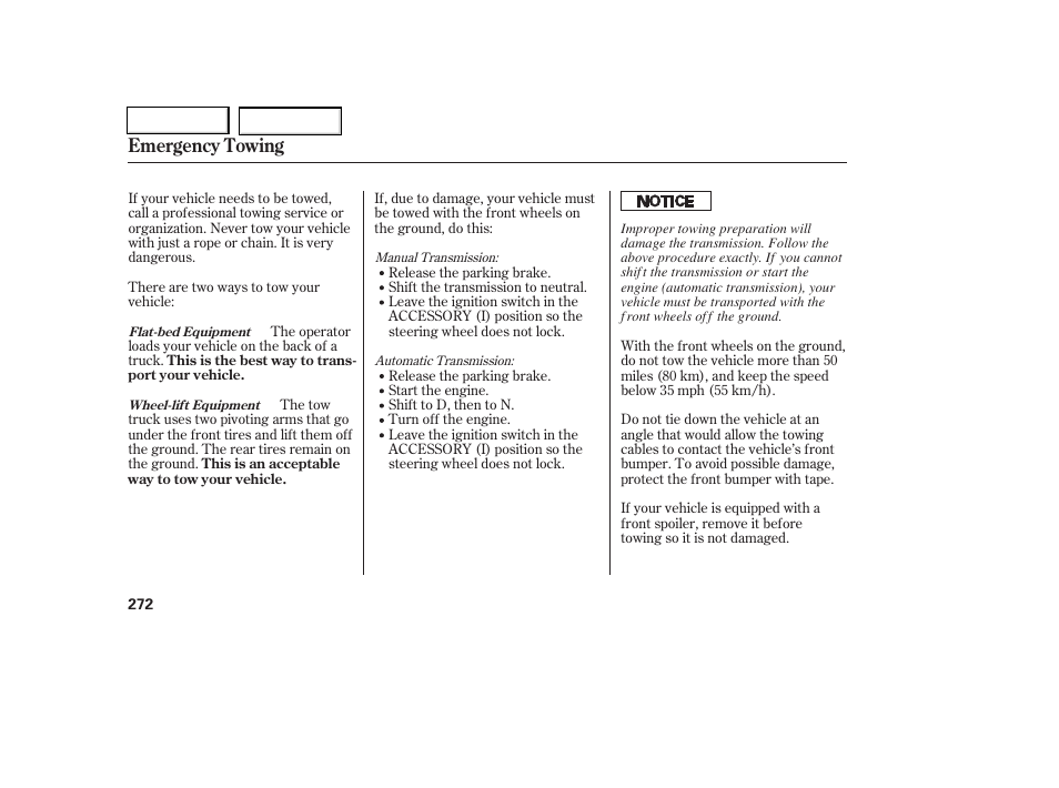 Emergency towing | HONDA 2006 Civic Coupe - Owner's Manual User Manual | Page 276 / 307