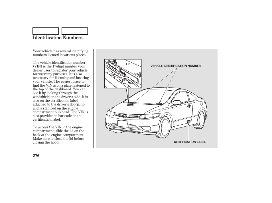 Identification numbers | HONDA 2006 Civic Coupe - Owner's Manual User Manual | Page 280 / 307