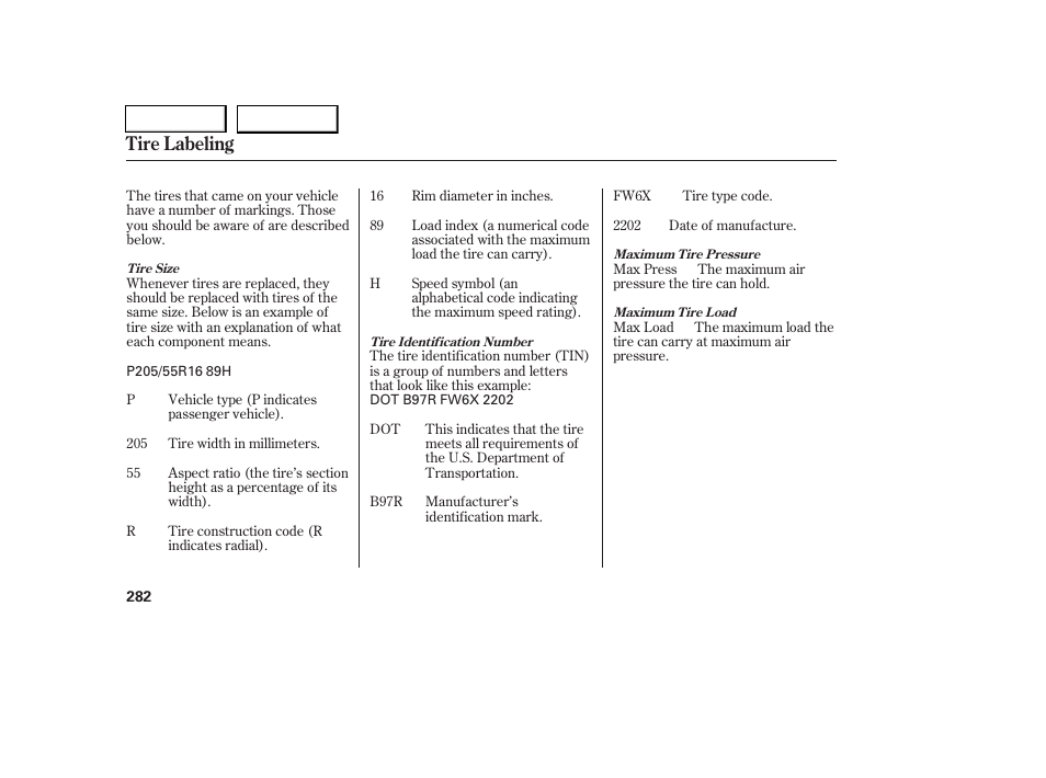 Tire labeling | HONDA 2006 Civic Coupe - Owner's Manual User Manual | Page 286 / 307