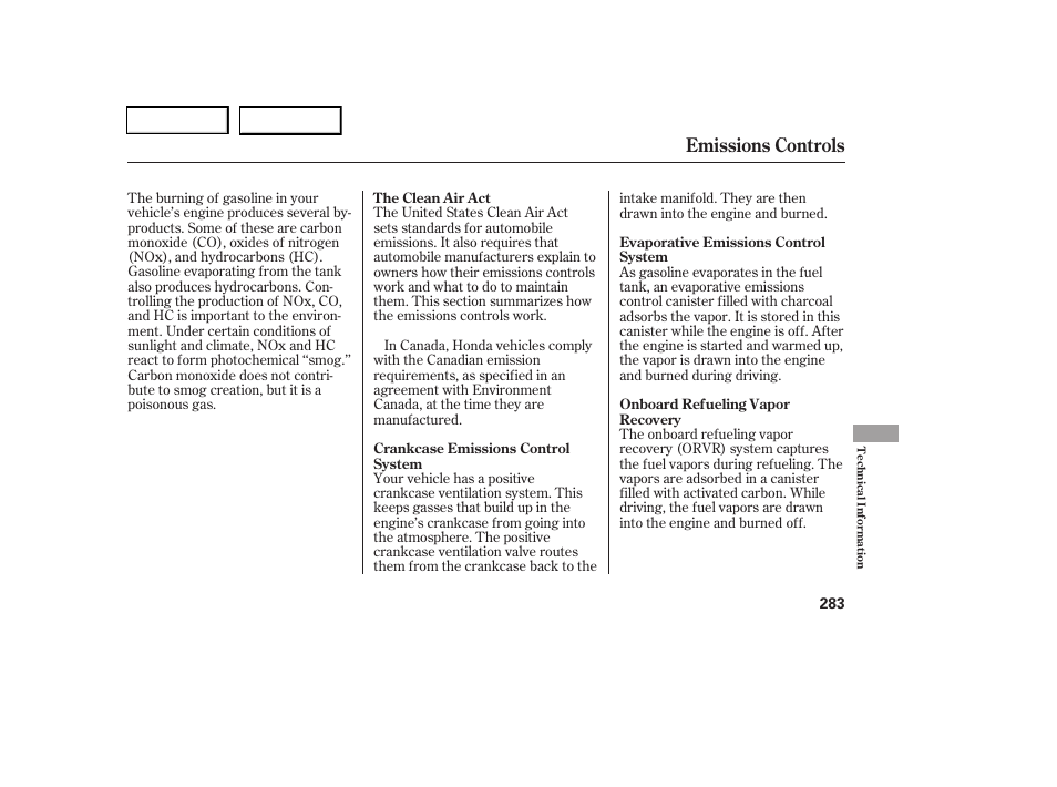 Emissions controls | HONDA 2006 Civic Coupe - Owner's Manual User Manual | Page 287 / 307