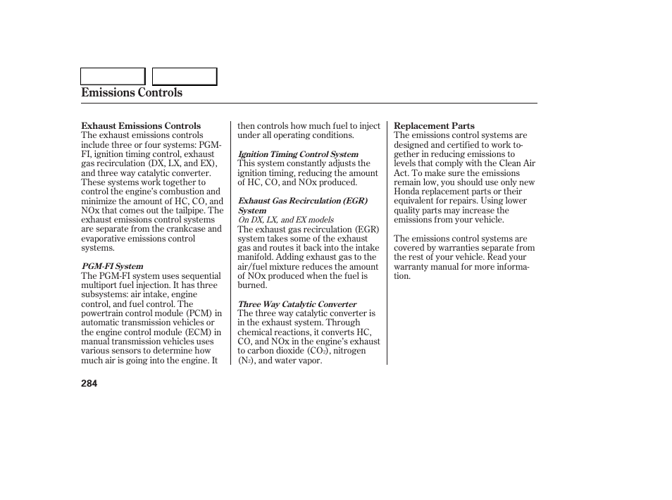 Emissions controls | HONDA 2006 Civic Coupe - Owner's Manual User Manual | Page 288 / 307