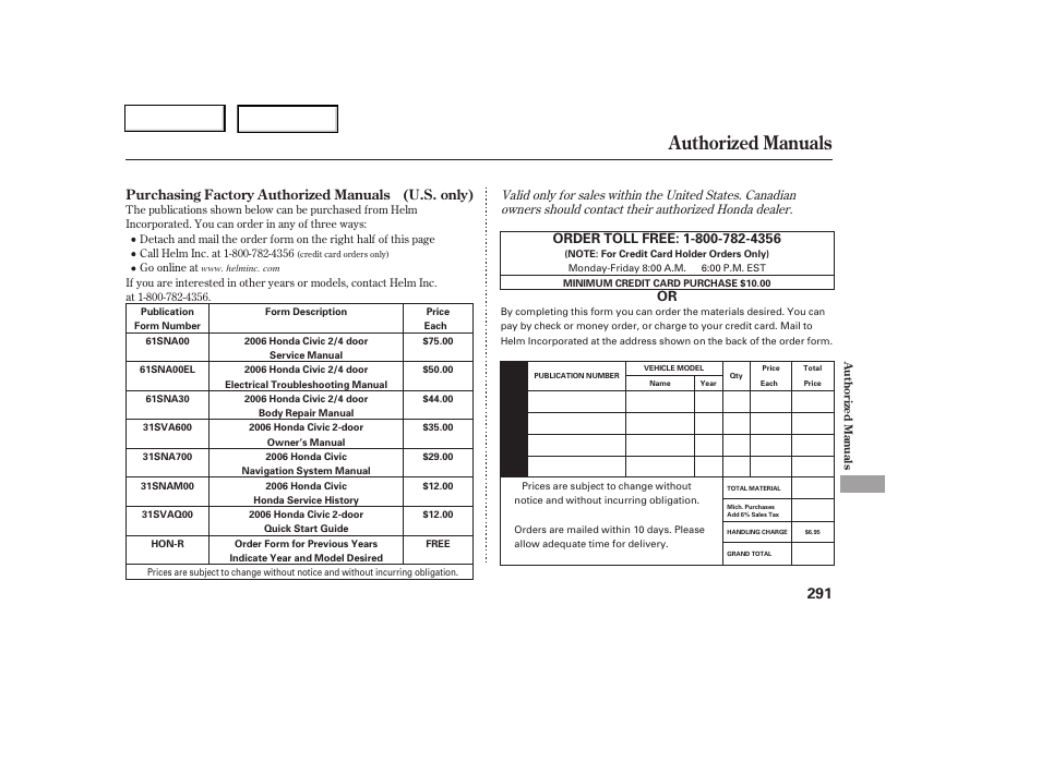 Authorized manuals | HONDA 2006 Civic Coupe - Owner's Manual User Manual | Page 295 / 307