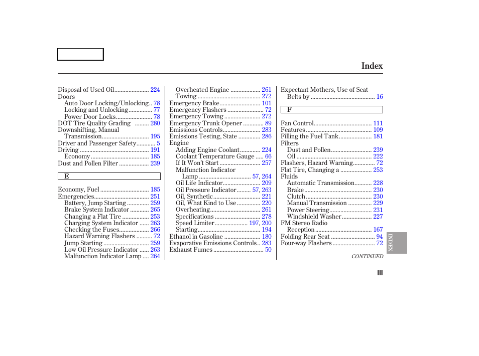 Index | HONDA 2006 Civic Coupe - Owner's Manual User Manual | Page 299 / 307