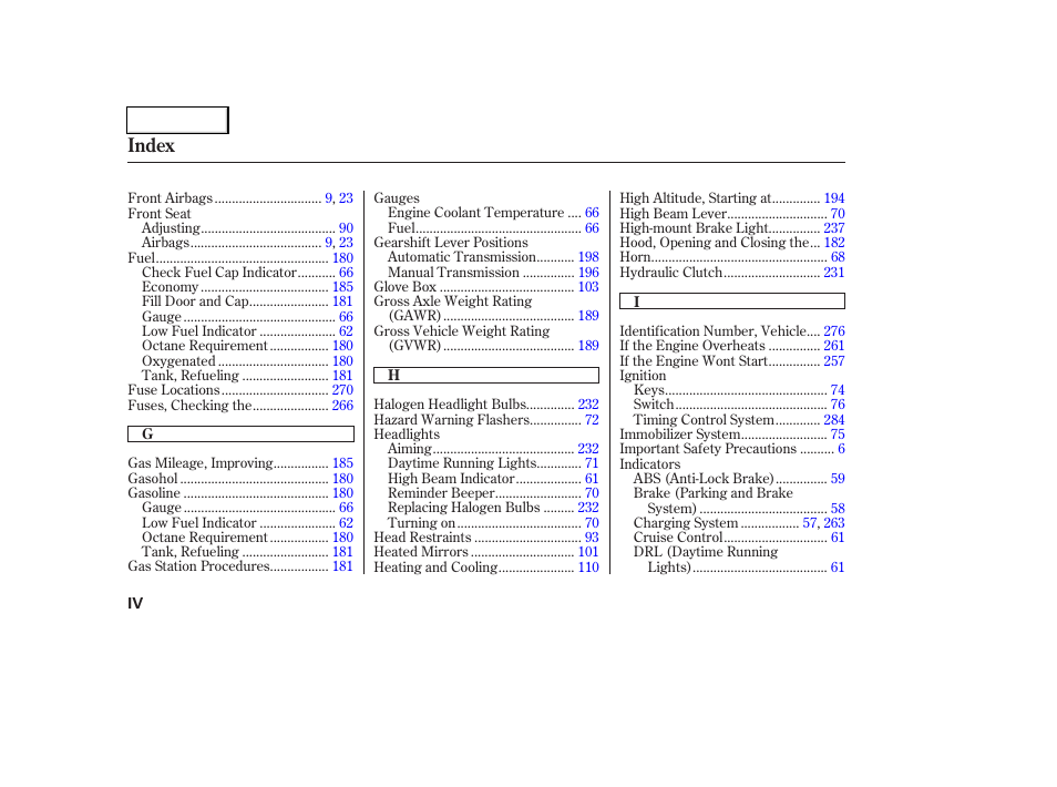 Index | HONDA 2006 Civic Coupe - Owner's Manual User Manual | Page 300 / 307