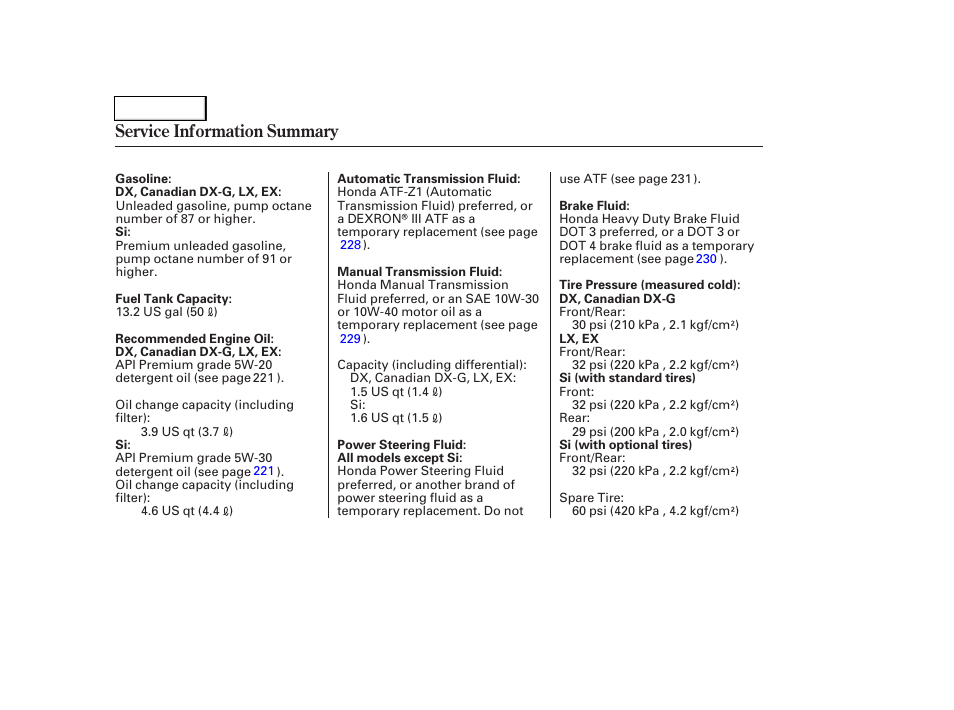 Service information summary | HONDA 2006 Civic Coupe - Owner's Manual User Manual | Page 307 / 307