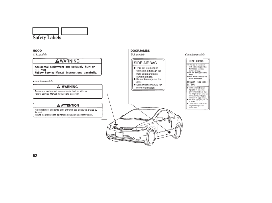 Safety labels | HONDA 2006 Civic Coupe - Owner's Manual User Manual | Page 56 / 307