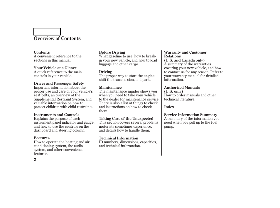 Overview of contents | HONDA 2006 Civic Coupe - Owner's Manual User Manual | Page 6 / 307