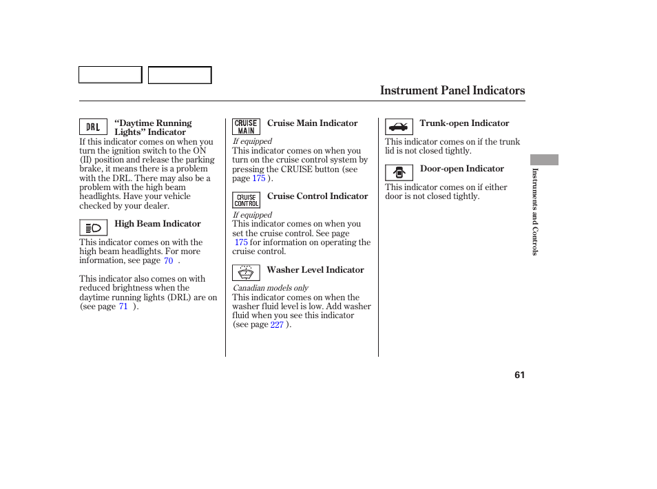 Instrument panel indicators | HONDA 2006 Civic Coupe - Owner's Manual User Manual | Page 65 / 307