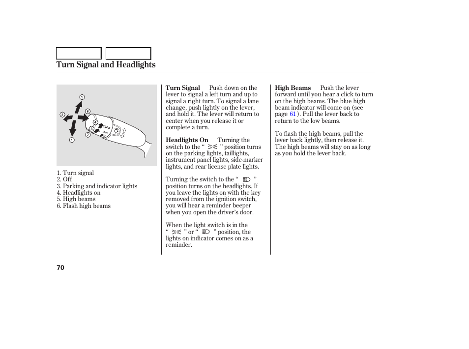 Turn signal and headlights | HONDA 2006 Civic Coupe - Owner's Manual User Manual | Page 74 / 307