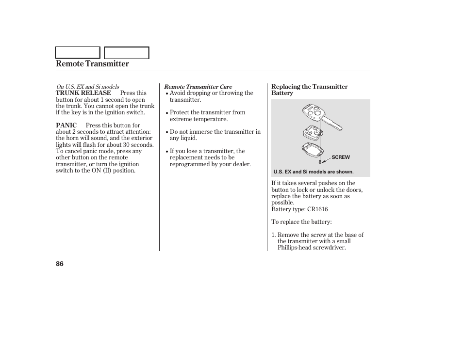 Remote transmitter | HONDA 2006 Civic Coupe - Owner's Manual User Manual | Page 90 / 307