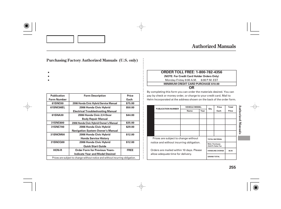 Authorized manuals | HONDA 2006 Civic Hybrid - Owner's Manual User Manual | Page 257 / 267