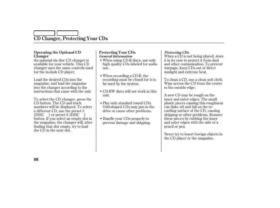 Cd changer, protecting your cds | HONDA 2006 S2000 - Owner's Manual User Manual | Page 100 / 221