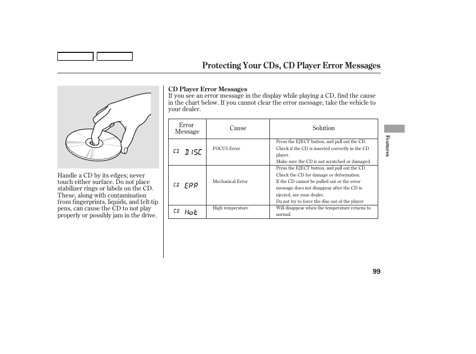 Protecting your cds, cd player error messages | HONDA 2006 S2000 - Owner's Manual User Manual | Page 101 / 221