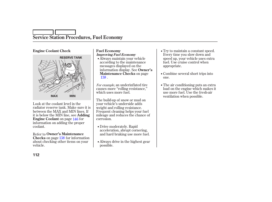 Service station procedures, fuel economy | HONDA 2006 S2000 - Owner's Manual User Manual | Page 114 / 221