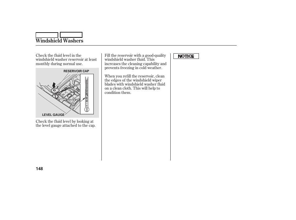 Windshield washers | HONDA 2006 S2000 - Owner's Manual User Manual | Page 150 / 221