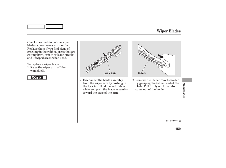 Wiper blades | HONDA 2006 S2000 - Owner's Manual User Manual | Page 161 / 221