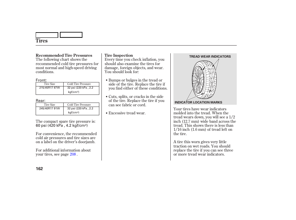 Tires | HONDA 2006 S2000 - Owner's Manual User Manual | Page 164 / 221