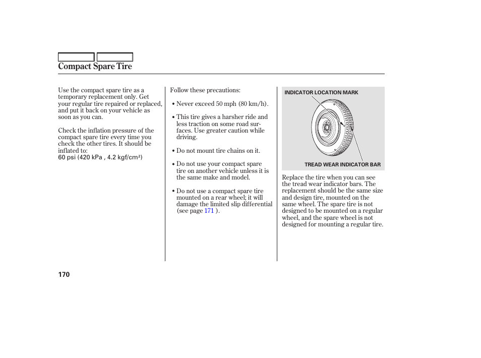 Compact spare tire | HONDA 2006 S2000 - Owner's Manual User Manual | Page 172 / 221