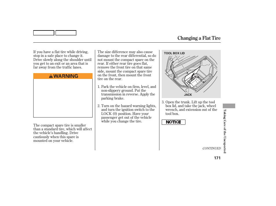 Changing a flat tire | HONDA 2006 S2000 - Owner's Manual User Manual | Page 173 / 221