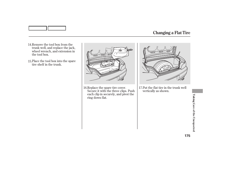 Changing a flat tire | HONDA 2006 S2000 - Owner's Manual User Manual | Page 177 / 221