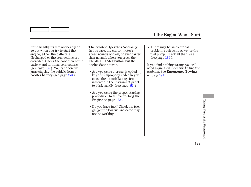 If the engine won’t start | HONDA 2006 S2000 - Owner's Manual User Manual | Page 179 / 221