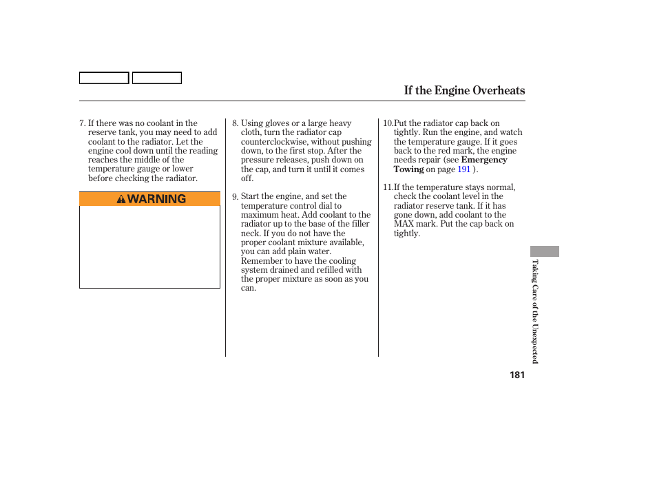 If the engine overheats | HONDA 2006 S2000 - Owner's Manual User Manual | Page 183 / 221