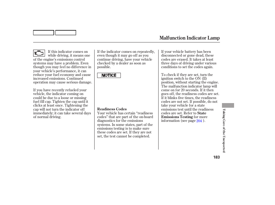 Malfunction indicator lamp | HONDA 2006 S2000 - Owner's Manual User Manual | Page 185 / 221