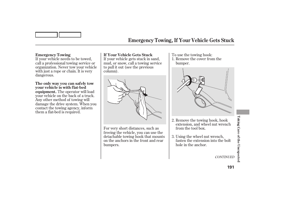 Emergency towing, if your vehicle gets stuck | HONDA 2006 S2000 - Owner's Manual User Manual | Page 193 / 221