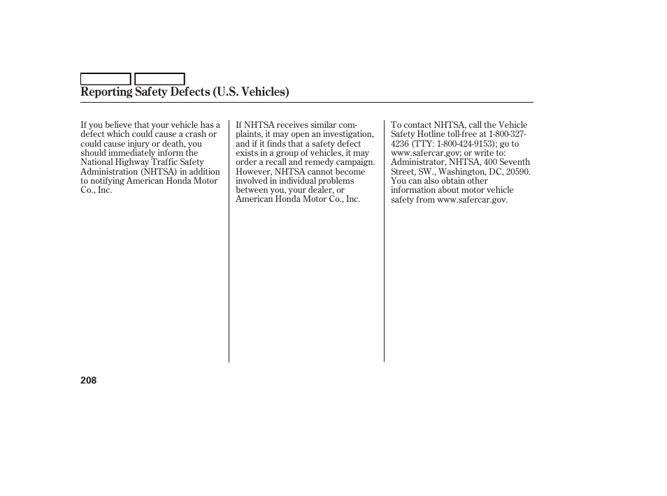 Reporting safety defects (u.s. vehicles) | HONDA 2006 S2000 - Owner's Manual User Manual | Page 210 / 221