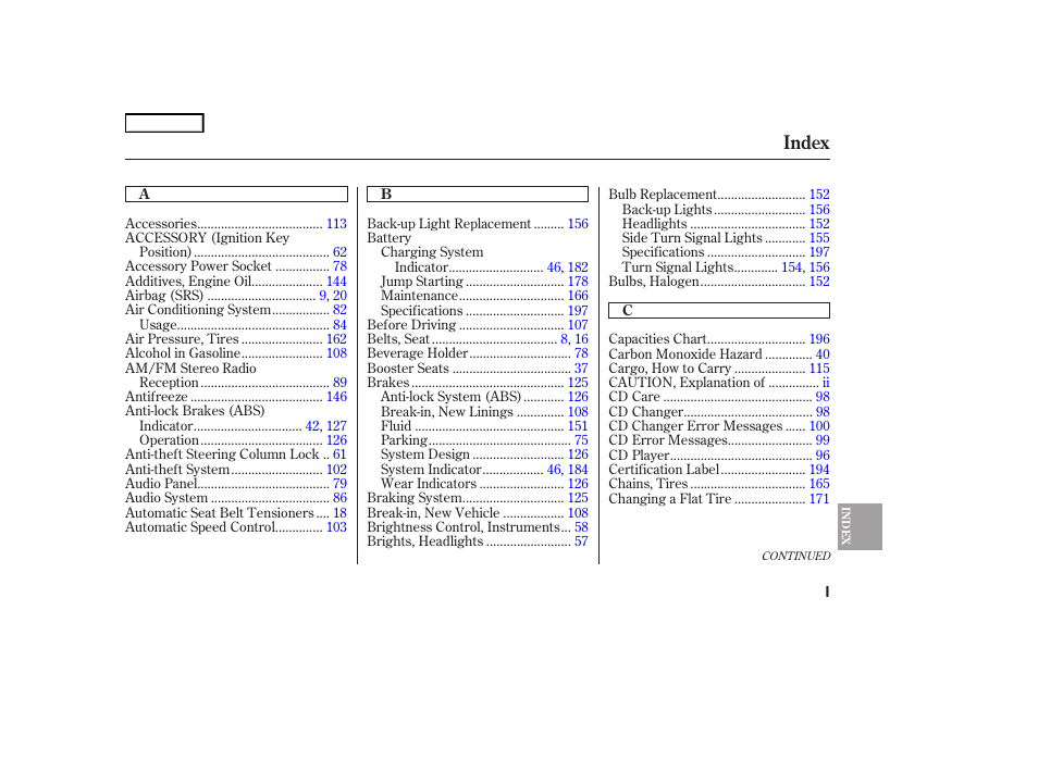 Index | HONDA 2006 S2000 - Owner's Manual User Manual | Page 213 / 221