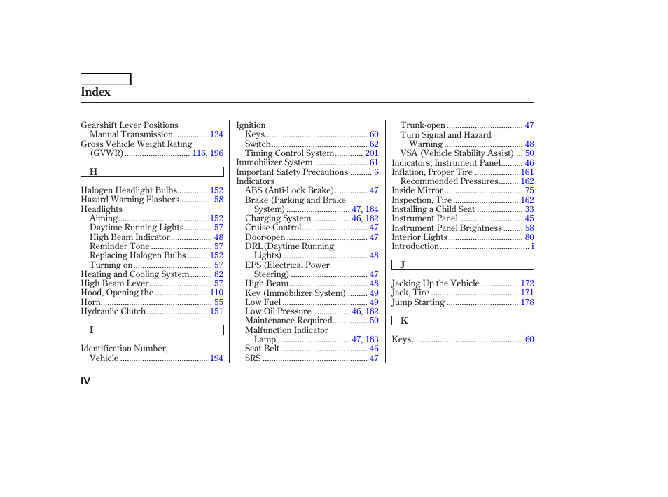 Index | HONDA 2006 S2000 - Owner's Manual User Manual | Page 216 / 221