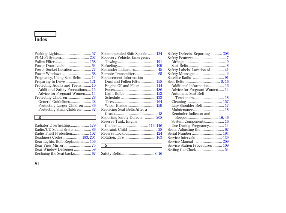 Index | HONDA 2006 S2000 - Owner's Manual User Manual | Page 218 / 221